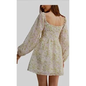 NEW! Lush Long Sleeve Floral Mini Dress• Square Neck• Cottagecore Pastel Boho M